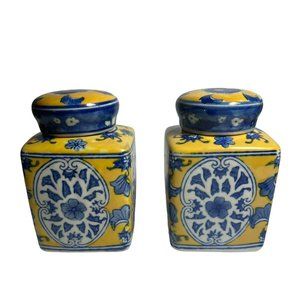 Vtg Chinese Ginger Jar 5" Yellow Blue Lidded Porcelain Jar Floral Panels Signed